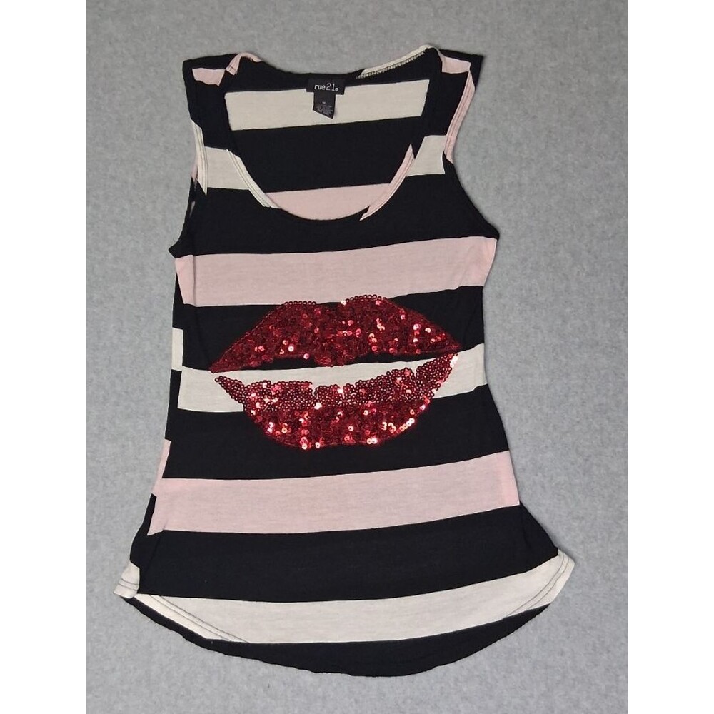 VTG RUE21 Tank Top M Black Striped Sequin Lips McBling Y2K Indie Sleaze Trashy